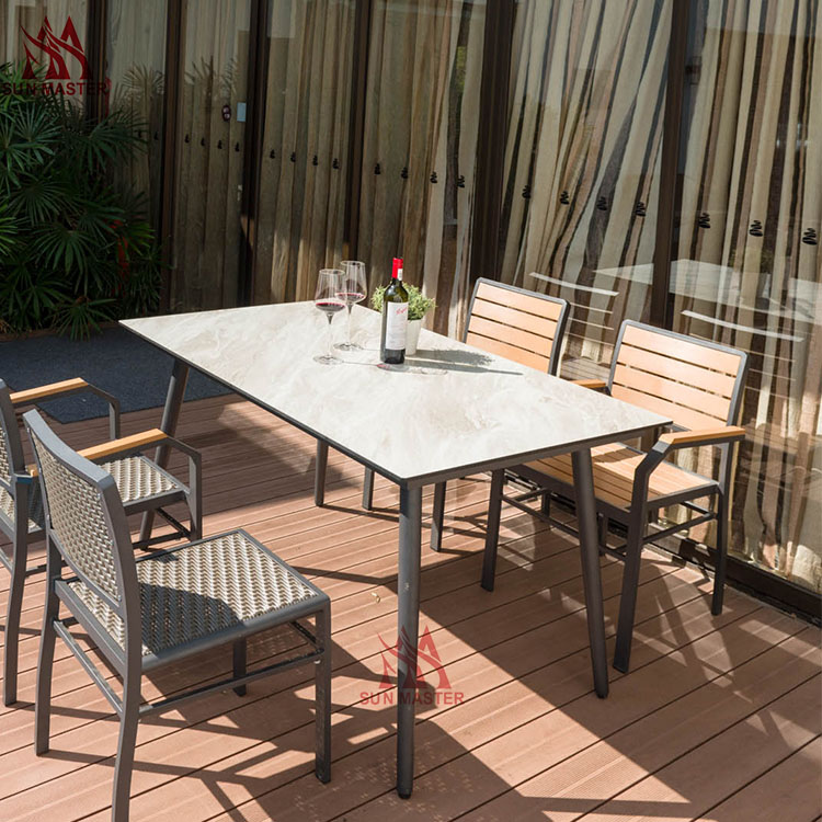 Modern Design High Quality Aluminum Plastic Wood Chair Metal Frame Outdoor Patio Dining Armchair 4-Piece Garden Table Commercial Furniture Set (3)
